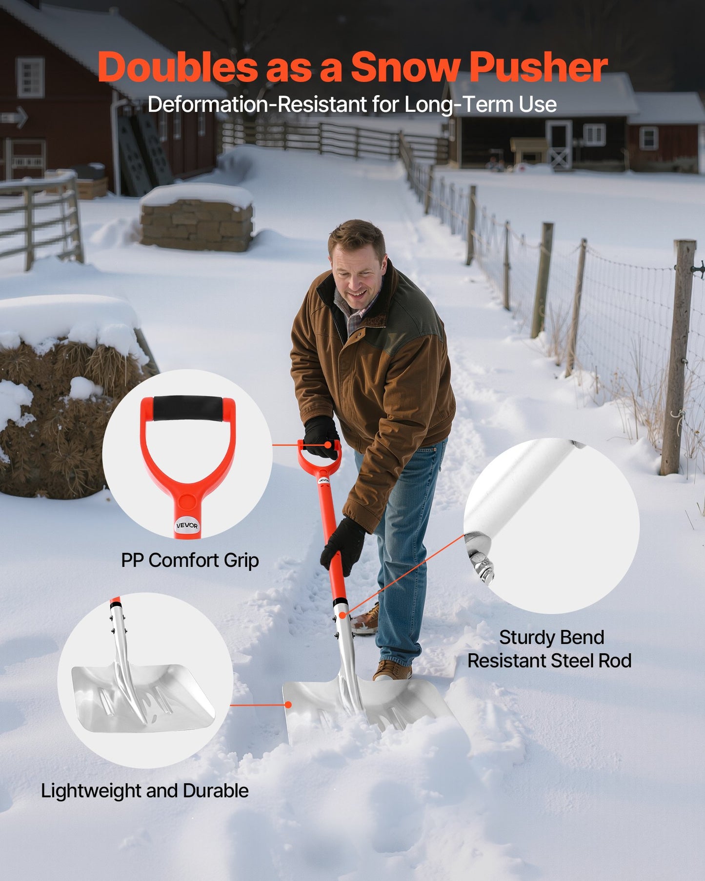 Snow Shovel for Driveway, 14 in Wide Aluminum Alloy Snow Shovel with D-shaped Handles, Large Capacity Snowplow Shovels, Lightweight Snows Removal Tool for Garden Car Camping