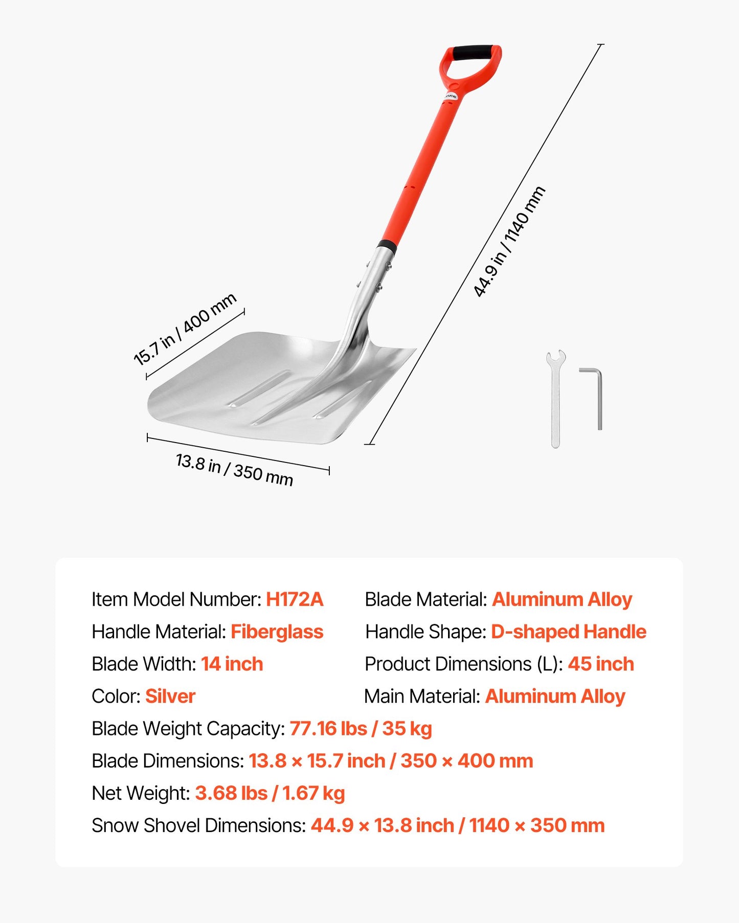 Snow Shovel for Driveway, 14 in Wide Aluminum Alloy Snow Shovel with D-shaped Handles, Large Capacity Snowplow Shovels, Lightweight Snows Removal Tool for Garden Car Camping