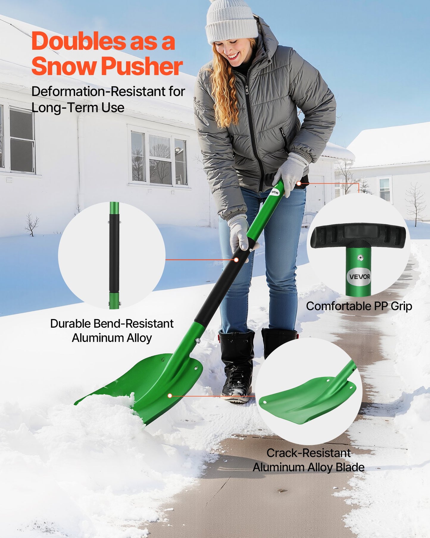Snow Shovel for Driveway, 8.5 in Wide Aluminum Alloy Snow Shovel with T-shaped Handles, Large Capacity Snowplow Shovels, Portable & Lightweight Snows Removal Tool for Garden Car Camping