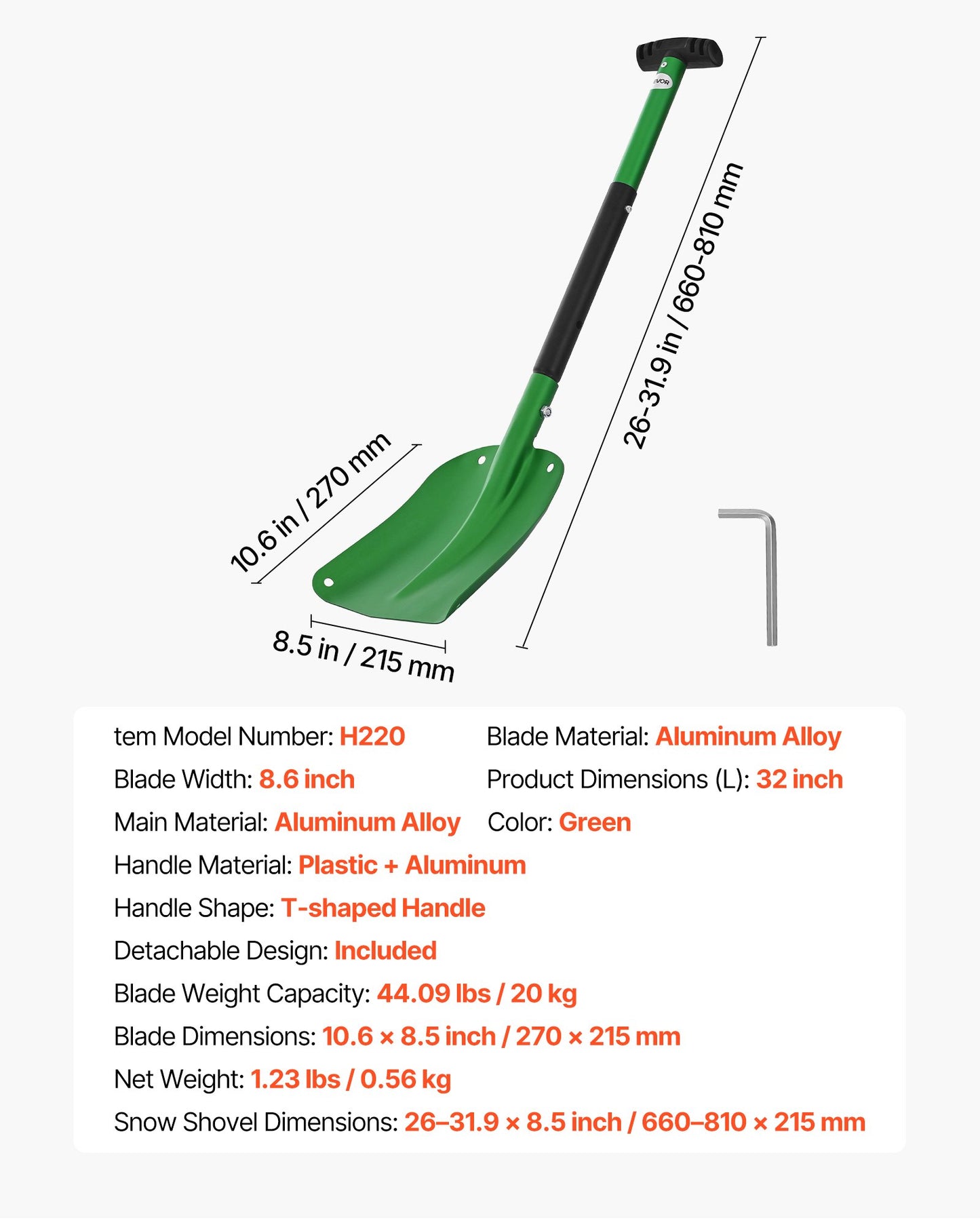 Snow Shovel for Driveway, 8.5 in Wide Aluminum Alloy Snow Shovel with T-shaped Handles, Large Capacity Snowplow Shovels, Portable & Lightweight Snows Removal Tool for Garden Car Camping