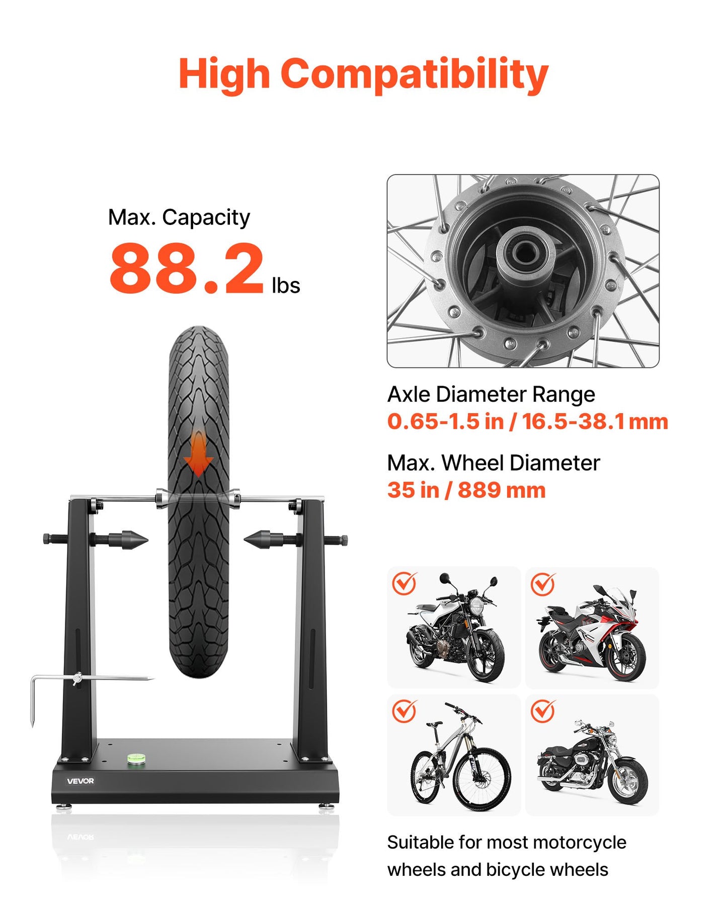 Motorcycle Wheel Balancer, 88.2 lbs Capacity, Tire Balancer & Truing Stand with Adjustable Centering Cones and Truing Pointer, Balancing Tools for Most Motorcycles & Bicycles, 35-Inch Wheel Dia