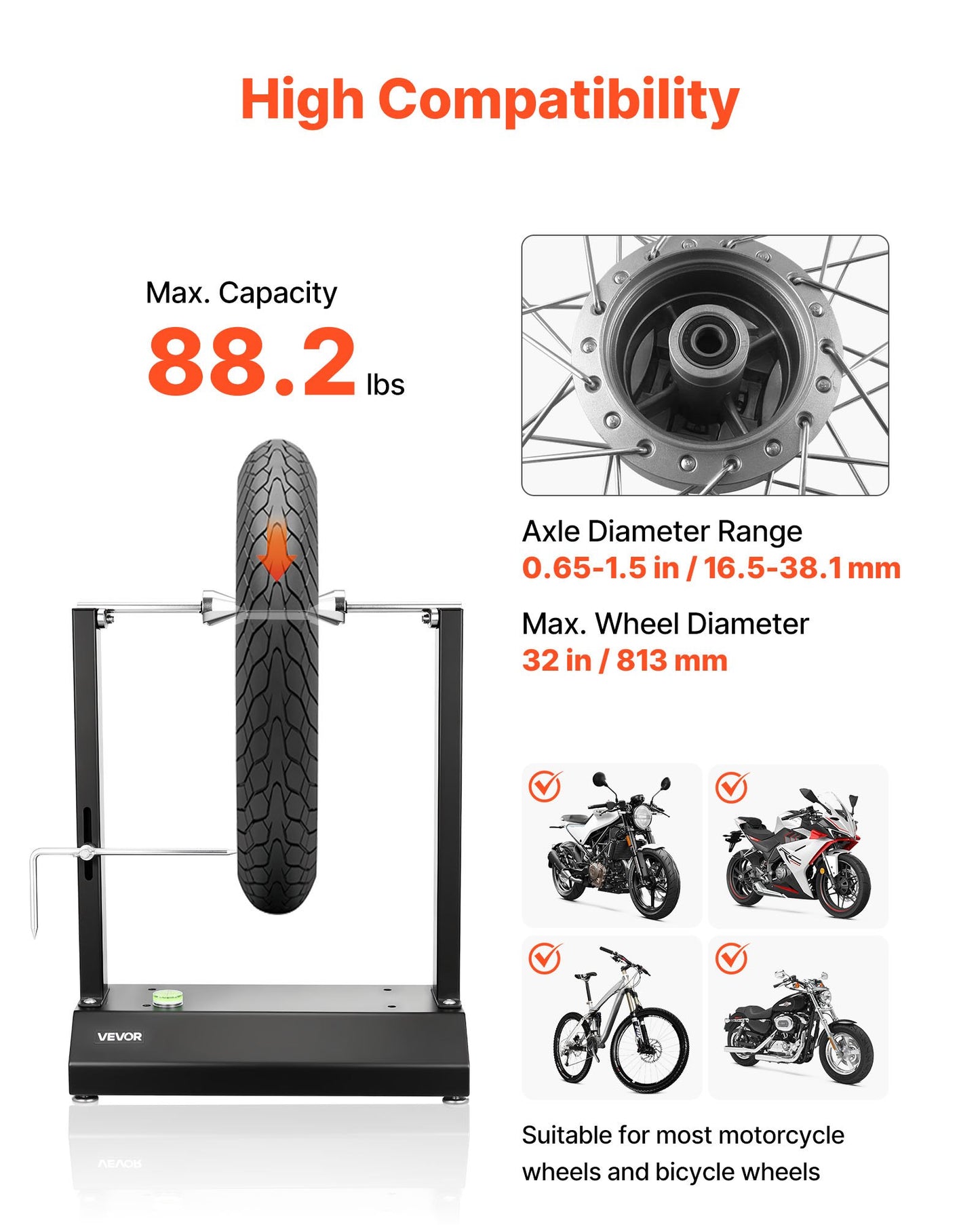 Motorcycle Wheel Balancer, 88.2 lbs Capacity, Tire Balancer & Truing Stand with Adjustable Centering Cones and Truing Pointer, Balancing Tools for Most Motorcycles & Bicycles, 32-Inch Wheel Dia