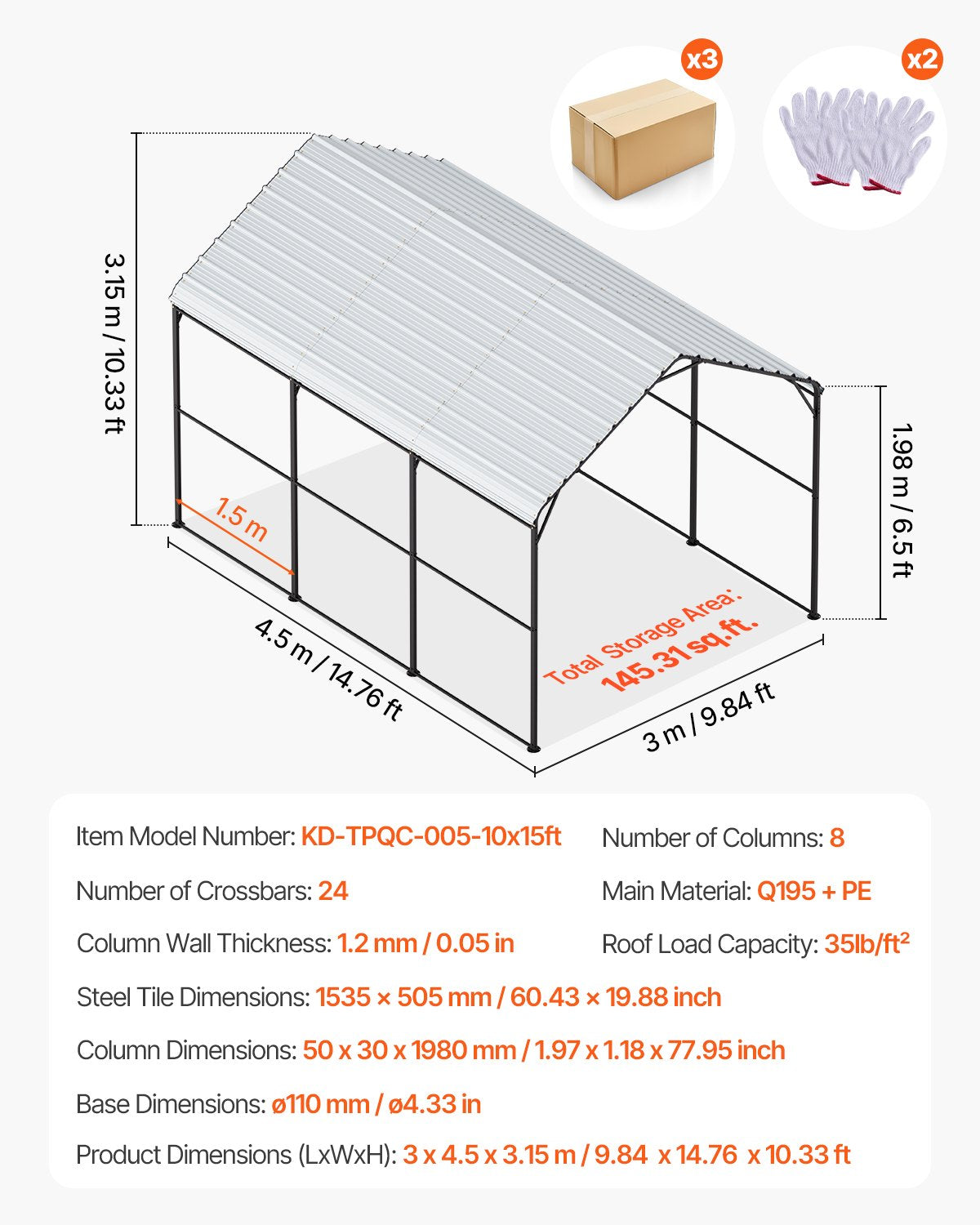 10' x 15' Metall-Carport, robuste Outdoor-Autogarage für Boote
