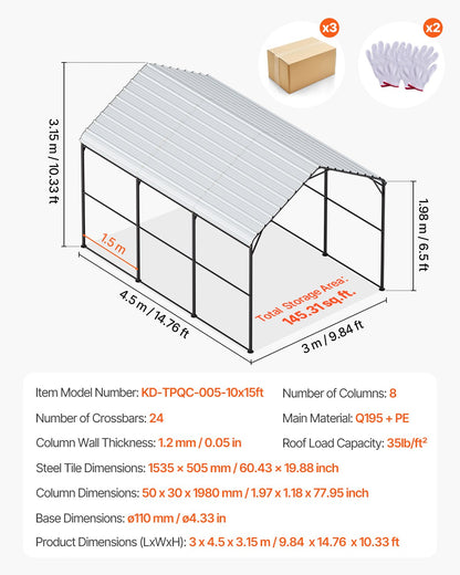 10' x 15' Metall-Carport, robuste Outdoor-Autogarage für Boote
