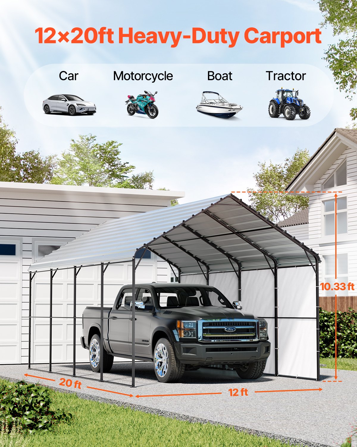 12' x 20' Metall-Carport, robuste Outdoor-Autogarage für Boote