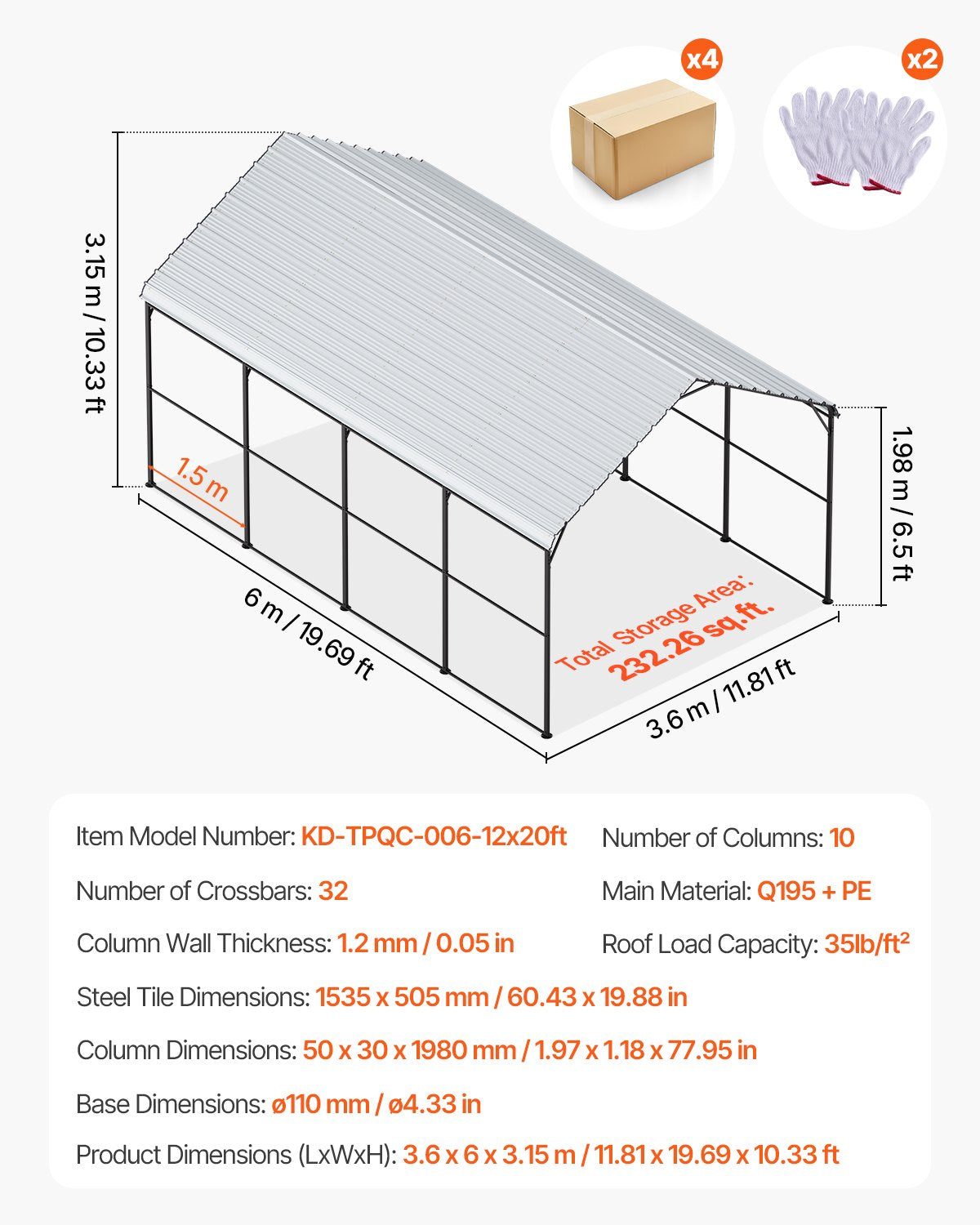 12' x 20' Metall-Carport, robuste Outdoor-Autogarage für Boote