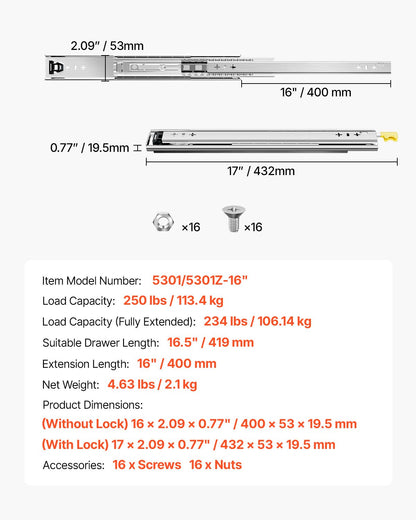 1 Pair 16-60 in Soft-Close Drawer Slides Ball Bearing Full Extension