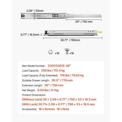 1 Pair 16-60 Inch Soft Closing Drawer Slides Ball Bearing Full Extendable | EU