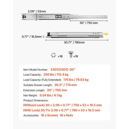 1 Pair 16-60 Inch Soft Closing Drawer Slides Ball Bearing Full Extendable | EU