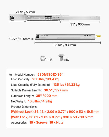 1 Pair 16-60 in Soft-Close Drawer Slides Ball Bearing Full Extension