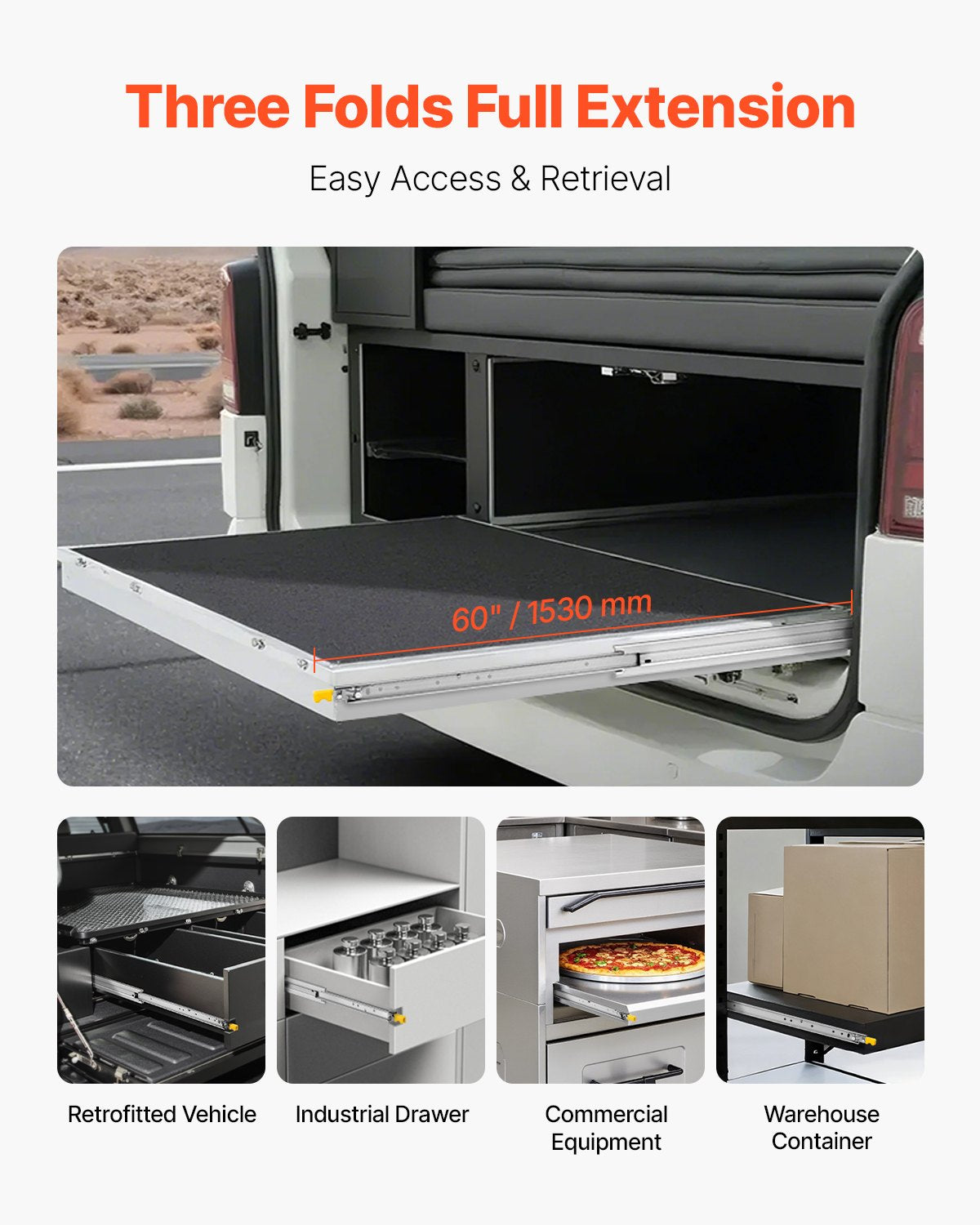 Heavy Duty Drawer Slides 60inch, 1 Pair Locking Drawer Slides 250lbs Load Capacity, Side Mount Ball Bearing, 3-Fold Full Extension