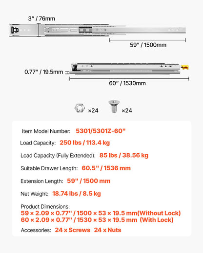 Heavy Duty Drawer Slides 60inch, 1 Pair Locking Drawer Slides 250lbs Load Capacity, Side Mount Ball Bearing, 3-Fold Full Extension