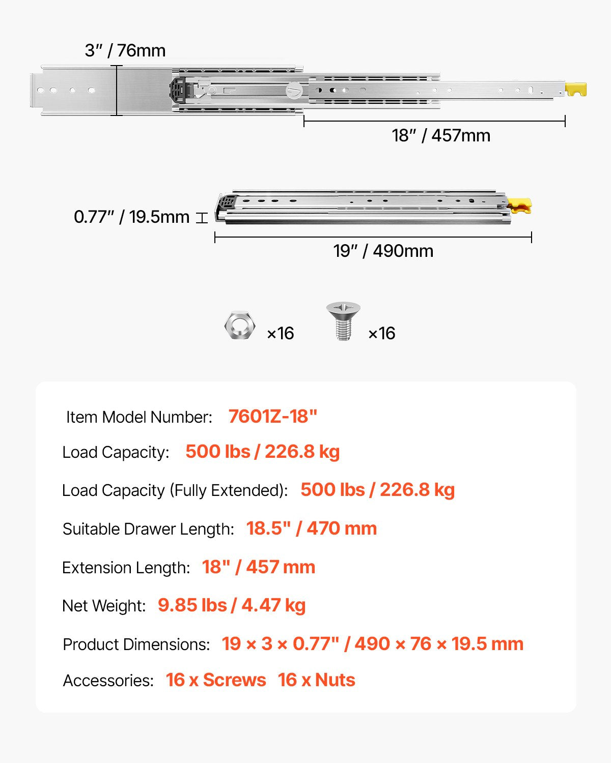 1 Pair 18-60 in Soft-Close Drawer Slides Ball Bearing Full Extension