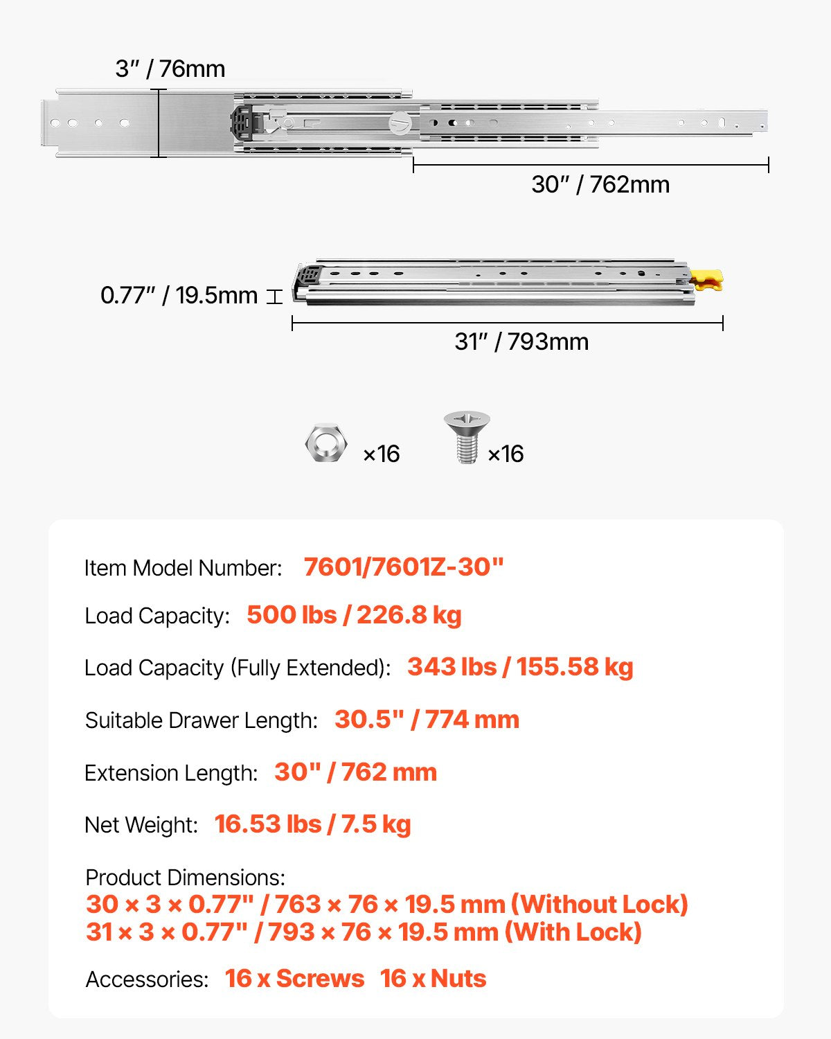 1 Paar 16-60 Zoll Soft-Close-Schubladenschienen Kugellager Vollauszug