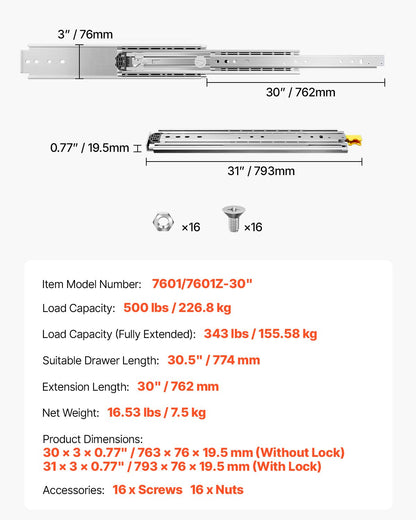 1 Paar 16-60 Zoll Soft-Close-Schubladenschienen Kugellager Vollauszug