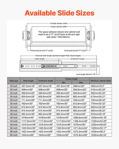 1 Paar 18-60 Zoll Soft-Close-Schubladenschienen Kugellager Vollauszug