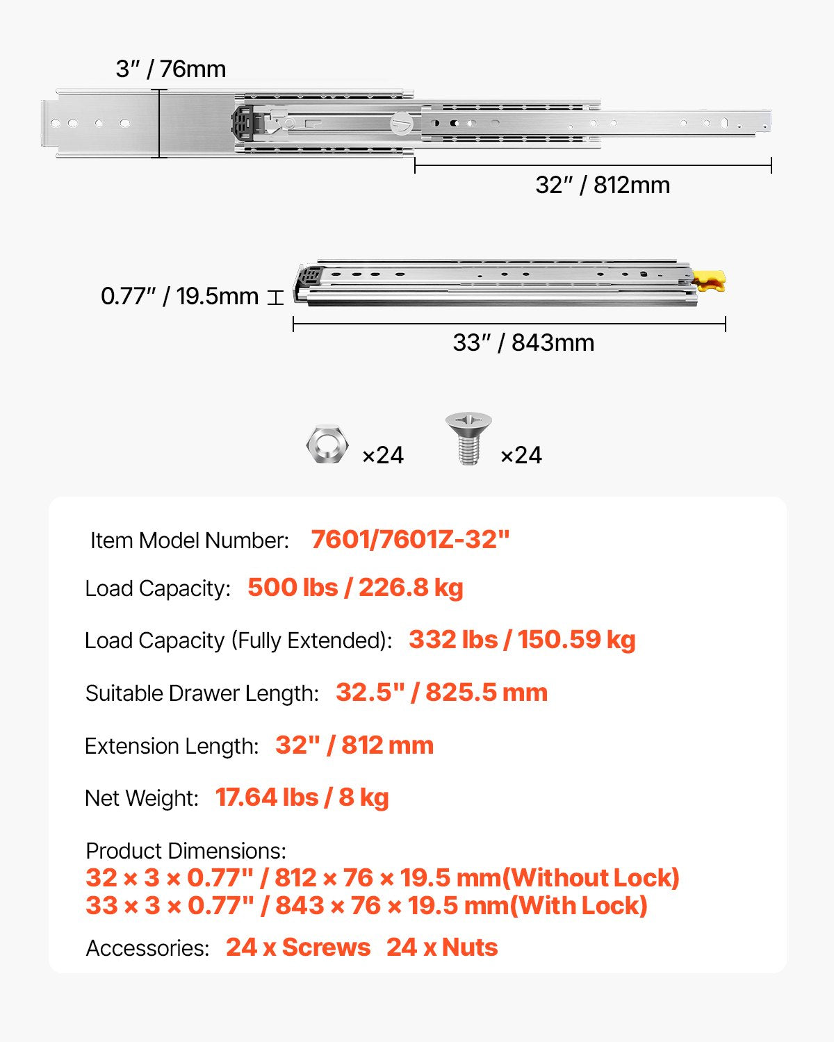1 Paar 16-60 Zoll Soft-Close-Schubladenschienen Kugellager Vollauszug