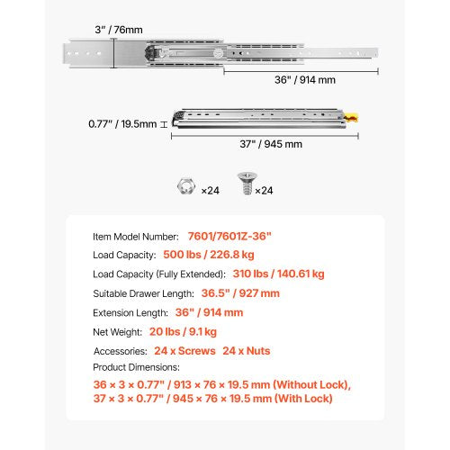 1 Pair 16-60 Inch Soft Closing Drawer Slides Ball Bearing Full Extendable