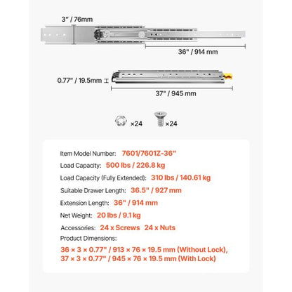1 Pair 16-60 Inch Soft Closing Drawer Slides Ball Bearing Full Extendable