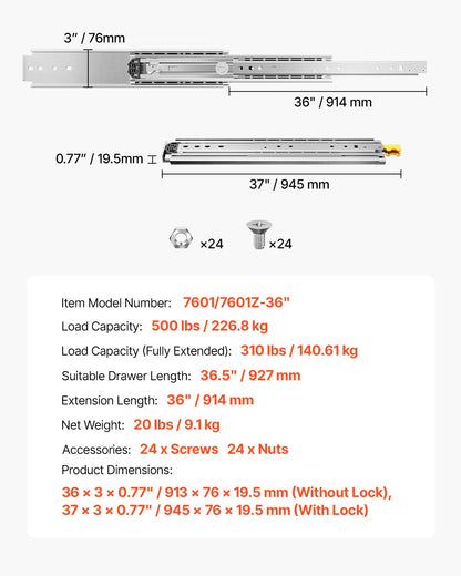 Drawer Slides, 1 Pair 36inch Locking Drawer Slides, 500lbs Load Capacity, Side Mount Ball Bearing Drawer Glides, Long Full Extension Drawer Slide