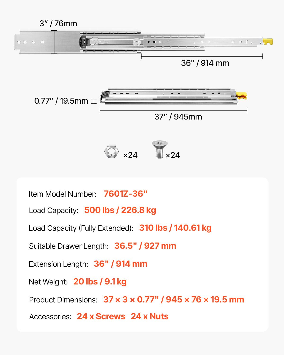 1 Paar 18-60 Zoll Soft-Close-Schubladenschienen Kugellager Vollauszug