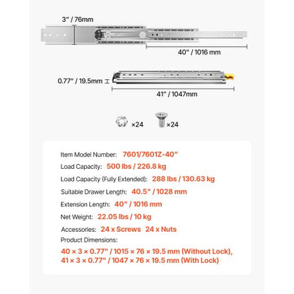 1 Pair 16-60 Inch Soft Closing Drawer Slides Ball Bearing Full Extendable | EU