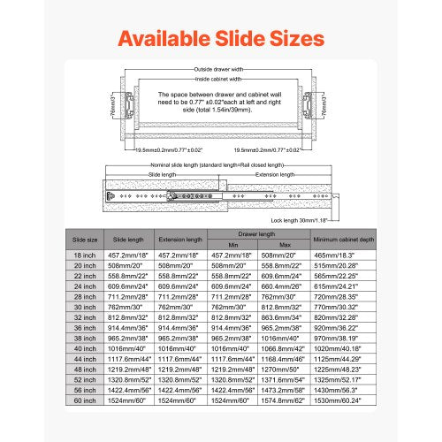 1 pair 18-60 inch soft closing drawer slides ball bearing full extension