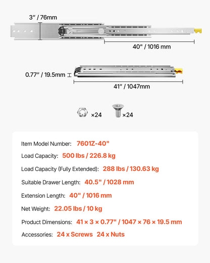 1 Pair Full Extension Drawer Slides 18 20 22 28 30 32 36 38 40 44 48 52 56 60 in, 500 lbs Load Capacity Locking Drawer Slides, Ball Bearing with Lock Side Mount Drawer Slide Rail