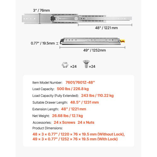 1 Pair 16-60 in Soft-Close Drawer Slides Ball Bearing Full Extension | EU