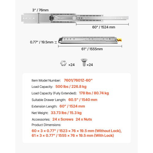 1 Paar 16-60 Zoll Soft-Close-Schubladenschienen Kugellager Voll ausziehbar | EU