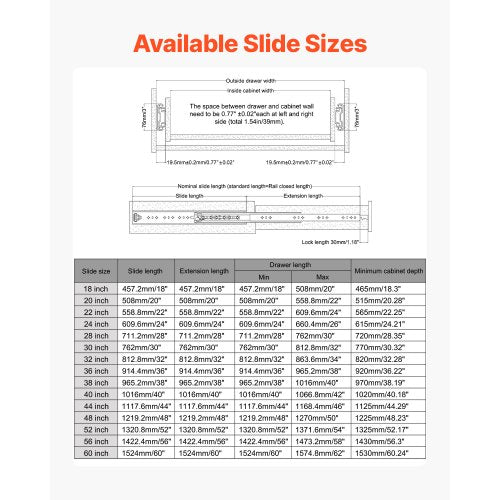 1 Paar 18-60 Zoll Soft-Close-Schubladenschienen Kugellager Vollauszug | EU