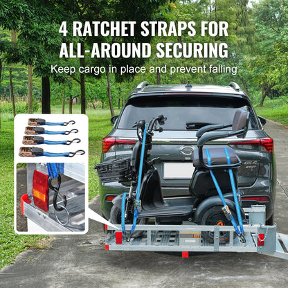 Hitch Mount Cargo Carrier, 48.03" x 27.87" Aluminum Hitch Cargo Rack with Folding Ramp, Hitch Rack Basket with Stabilizer and Straps, 500LBS Mobility Scooter Carrier Fit 2" Hitch Receiver