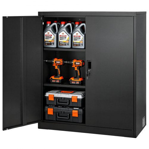 Metal Storage Cabinet, 41.7 in Steel Garage Cabinet with 2 Adjustable Shelves, 2 Magnetic Doors & 2 Keys, 3 Tiers Lockable Tool Storage for Pantry, Warehouse, Basement, Office, Black