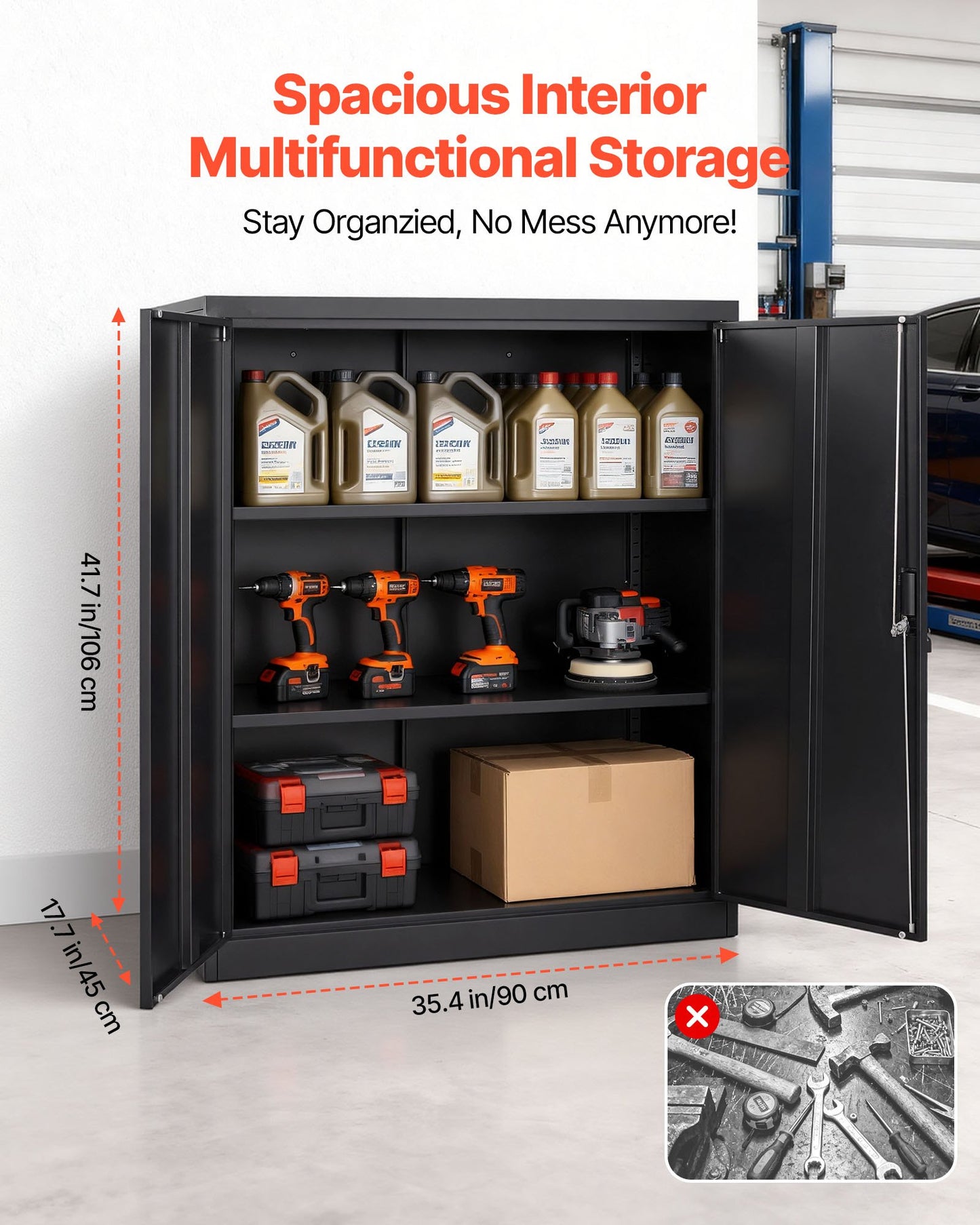 Metal Storage Cabinet, 41.7 in Steel Garage Cabinet with 2 Adjustable Shelves, 2 Magnetic Doors & 2 Keys, 3 Tiers Lockable Tool Storage for Pantry, Warehouse, Basement, Office, Black