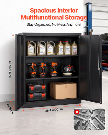 Metal Storage Cabinet, 41.7 in Steel Garage Cabinet with 2 Adjustable Shelves, 2 Magnetic Doors & 2 Keys, 3 Tiers Lockable Tool Storage for Pantry, Warehouse, Basement, Office, Black