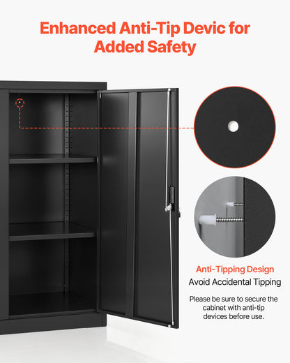 Metal Storage Cabinet, 41.7 in Steel Garage Cabinet with 2 Adjustable Shelves, 2 Magnetic Doors & 2 Keys, 3 Tiers Lockable Tool Storage for Pantry, Warehouse, Basement, Office, Black