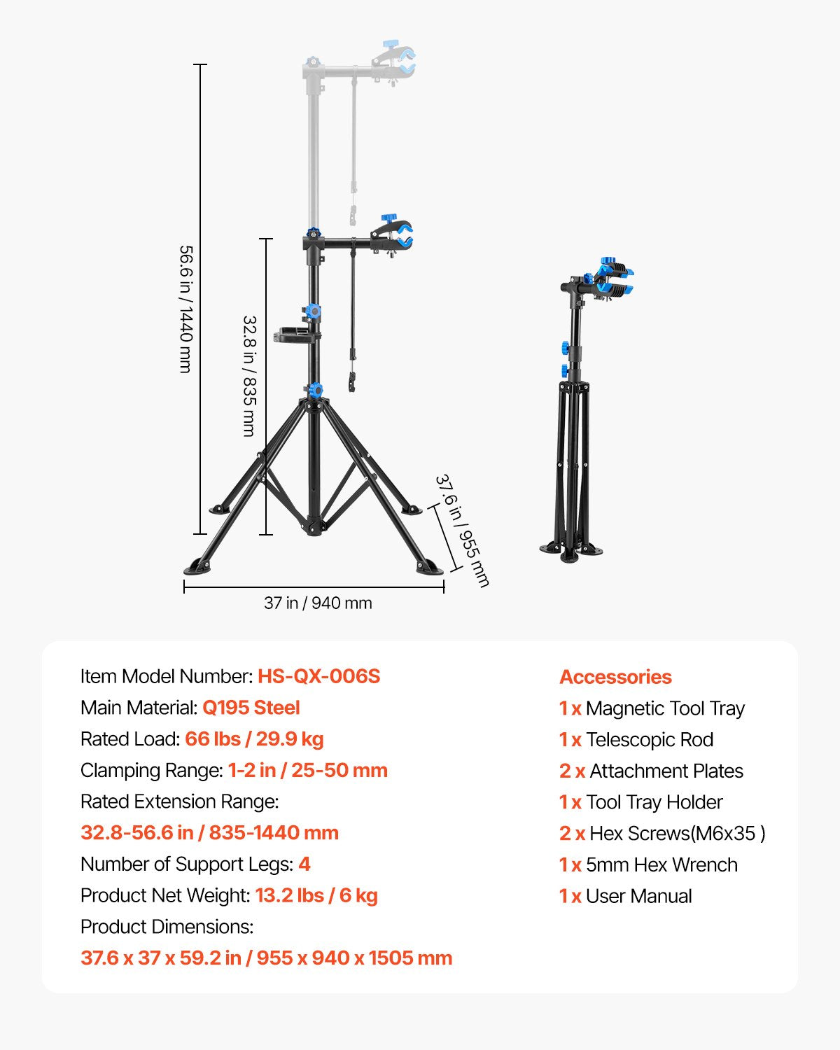 Bike Repair Stand, 66 lb Heavy-duty Bicycle Work Stand with 32.8-56.6 in Adjustable Height & Magnetic Tool Tray, Foldable Bicycle Maintenance Rack, Shop Home Mechanics for Mountain & Road Bike