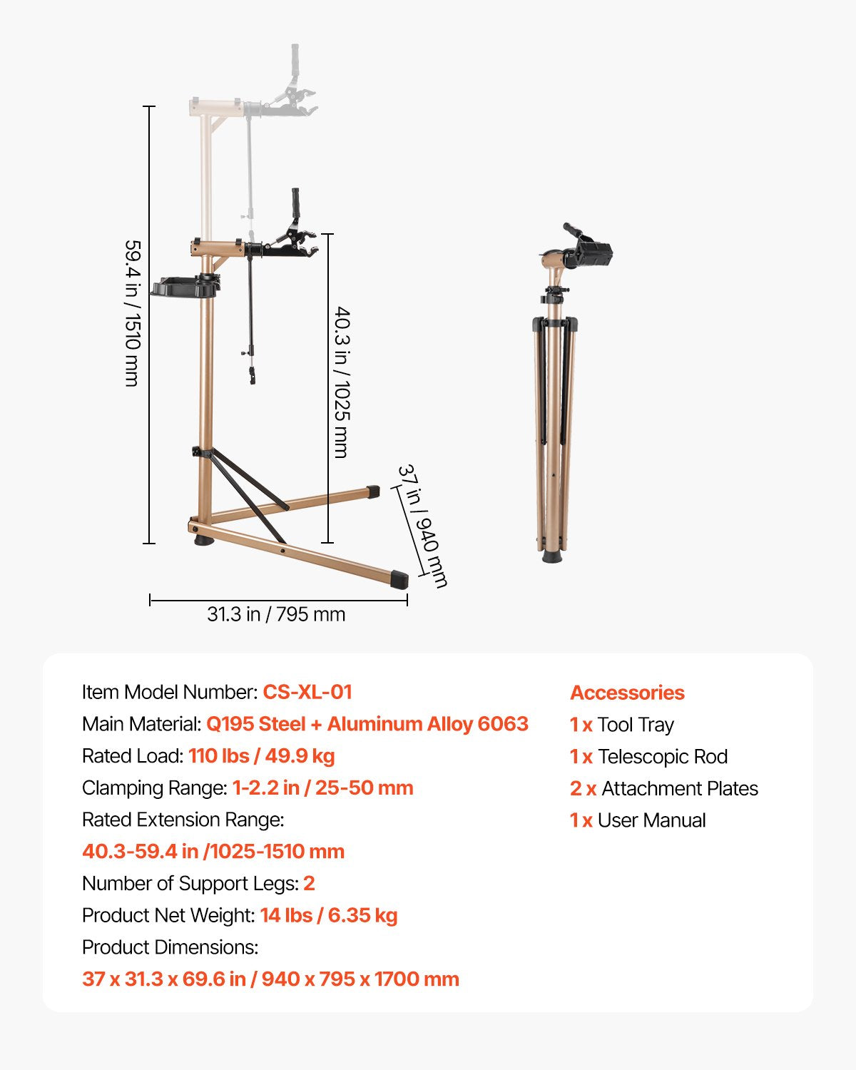 Bike Repair Stand, Max. 110 lb Heavy-duty Bicycle Work Stand with 40.3-59.4 in Adjustable Height & Large Tool Tray, Foldable Ebike Maintenance Rack, Shop Home Mechanics for Mountain Road Bike