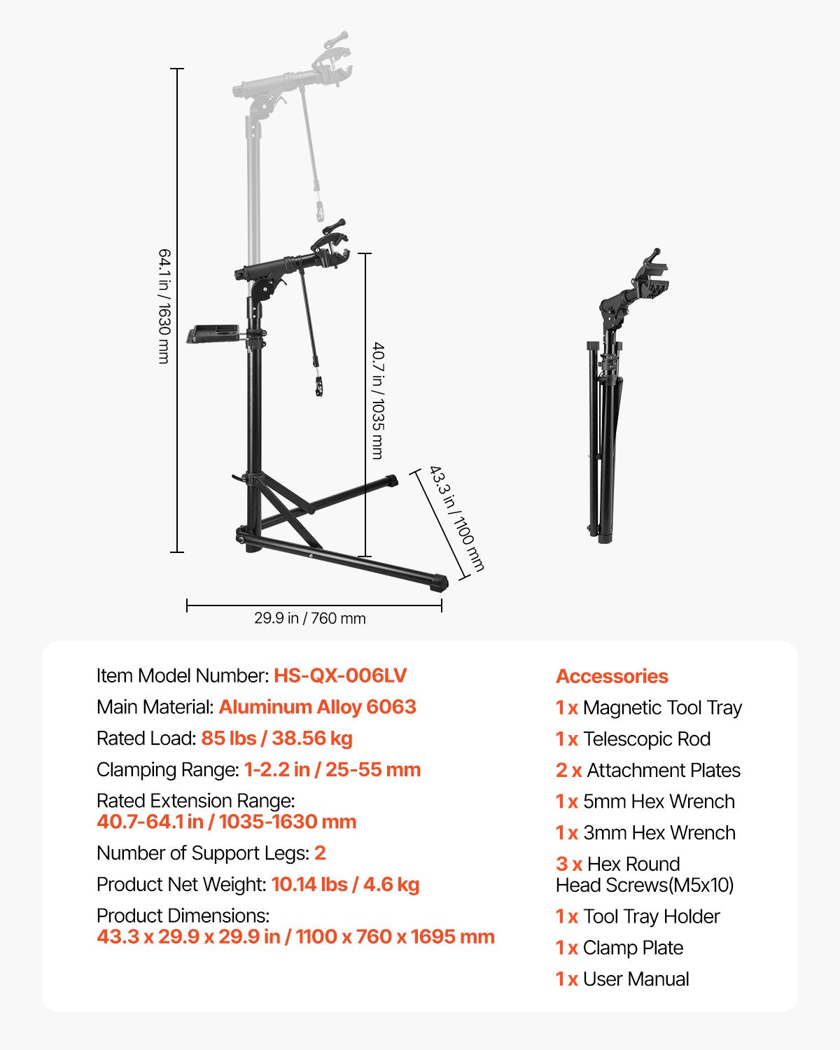 Bike Repair Stand, 85 lb Heavy-duty Bicycle Work Stand with 40.7-64.1 in Adjustable Height & Magnetic Tool Tray, Foldable Bicycle Maintenance Rack, Shop Home Mechanics for Mountain & Road Bike