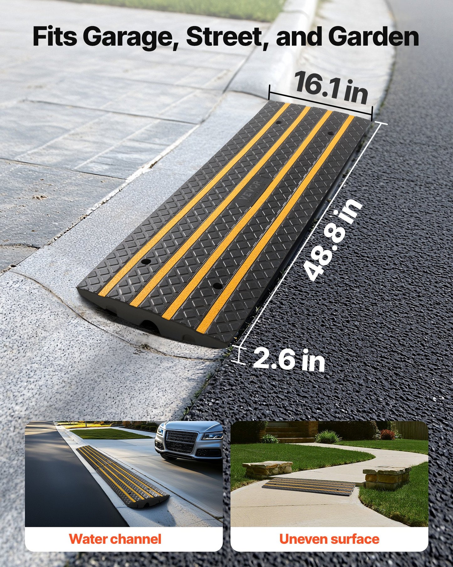 Car Driveway Rubber Curb Ramp, 33069 lbs Load Capacity, 2.6 inch Rise Curbside Bridge Ramp with Yellow Reflective Strips, Suitable for Loading Dock, Warehouse, Garage, Sidewalk (1 Pack)