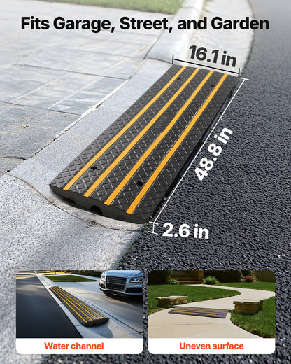 Car Driveway Rubber Curb Ramp, 33069 lbs Load Capacity, 2.6 inch Rise Curbside Bridge Ramp with Yellow Reflective Strips, Suitable for Loading Dock, Warehouse, Garage, Sidewalk (1 Pack)