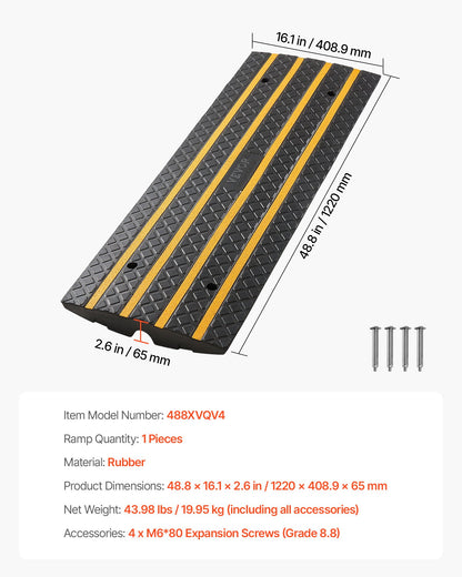 Car Driveway Rubber Curb Ramp, 33069 lbs Load Capacity, 2.6 inch Rise Curbside Bridge Ramp with Yellow Reflective Strips, Suitable for Loading Dock, Warehouse, Garage, Sidewalk (1 Pack)