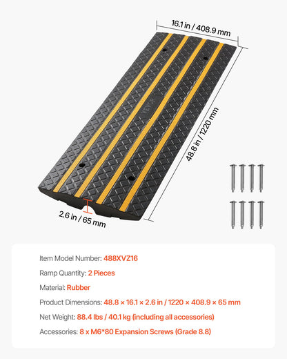 Car Driveway Rubber Curb Ramp, 33069 lbs Load Capacity, 2.6 inch Rise Curbside Bridge Ramp with Yellow Reflective Strips, Suitable for Loading Dock, Warehouse, Garage, Sidewalk (2 Pack)