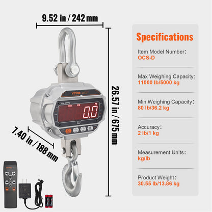 Digital Crane Scale, 11000 lbs/5000 kg, Industrial Heavy Duty Hanging Scale with Remote Control, Cast Aluminum Case & LED Screen, High Precision for Construction, Factory, Farm, Hunting (Silver)