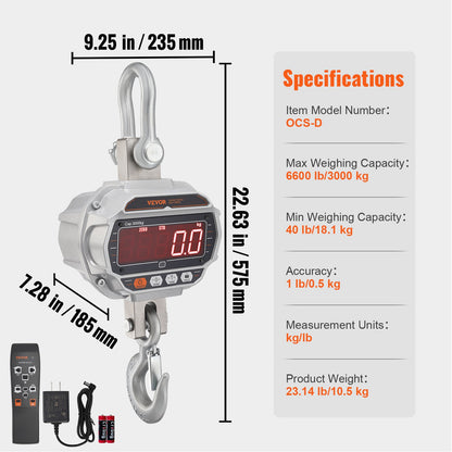 Digital Crane Scale, 6600 lbs/3000 kg, Industrial Heavy Duty Hanging Scale with Remote Control, Cast Aluminum Case & LED Screen, High Precision for Construction, Factory, Farm, Hunting (Silver)