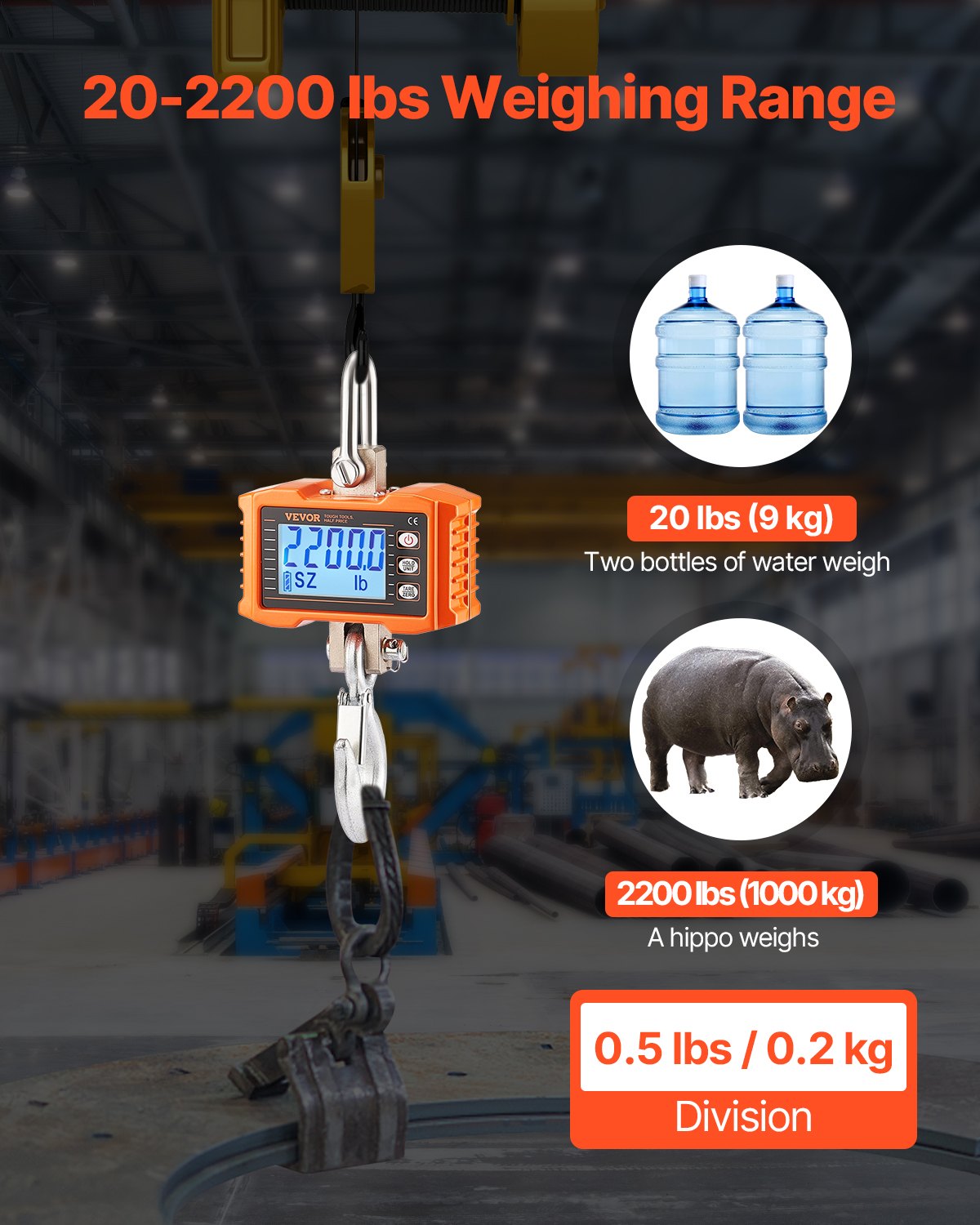 Digital Crane Scale Industrial Hanging Scale 2200 lbs/1000 kg Heavy Duty