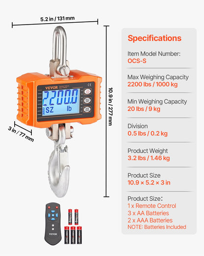 Digital Crane Scale Industrial Hanging Scale 2200 lbs/1000 kg Heavy Duty
