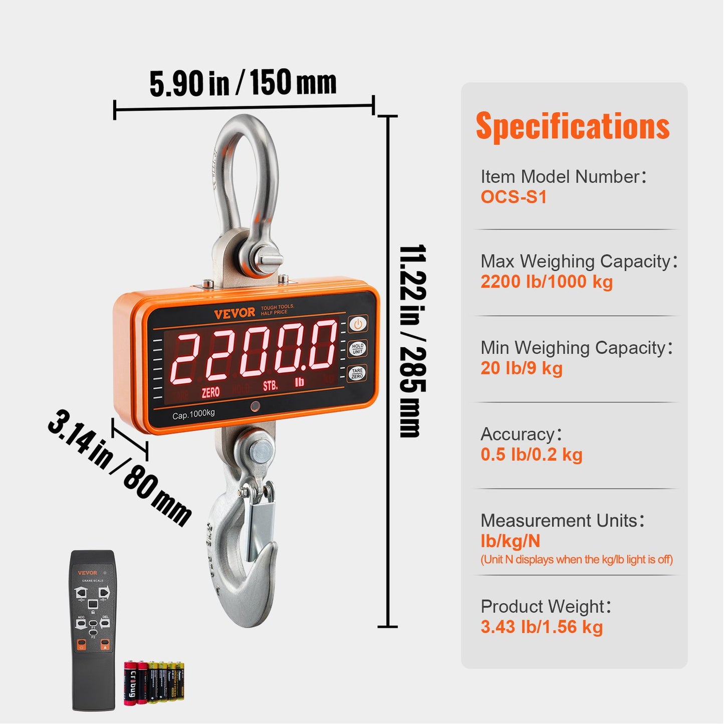 Digital Crane Scale, 2200 lbs/1000 kg, Industrial Heavy Duty Hanging Scale with Remote Control, Die-Cast Aluminum Case and LED Display, High Precision for Construction, Factory, Farm, Hunting (Orange)