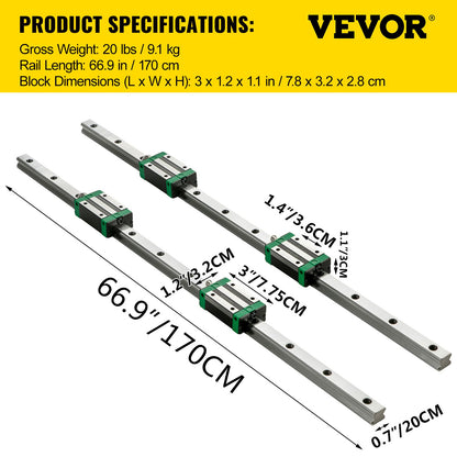 2 Stück Linearschienen 0,78-66 Zoll, Linearlager und Schienen mit 4 Stück HSR20-Lagerblöcken, Lineargleitschienen Plus für DIY-CNC-Fräser, Drehmaschinen, Fräsmaschinen, Lineargleitsatz passend für XYZ-Achse