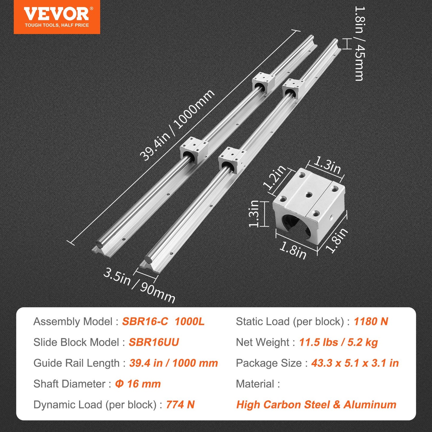 Linear Guide Rail Set, SBR16 1000mm, 2 PCS 39.4 in/1000 mm SBR16 Guide Rails and 4 PCS SBR16UU Slide Blocks, Linear Rails and Bearings Kit for Automated Machines DIY Project CNC Router Machines